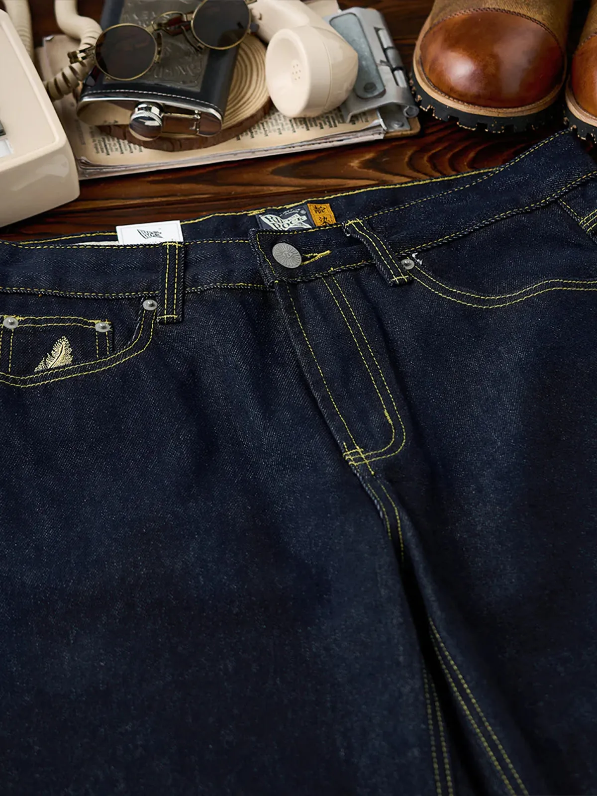Straight Denim Pants with Feather Embroidery and Yellow Stitching sold by Karaku product image thumbnail 4