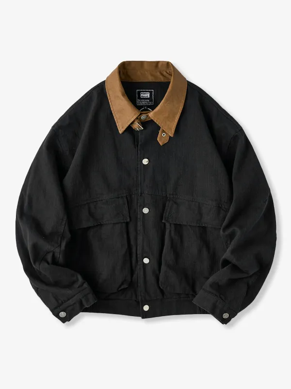 Mixed-Material Hunting Jacket with Leather-Effect Collar sold by Karaku