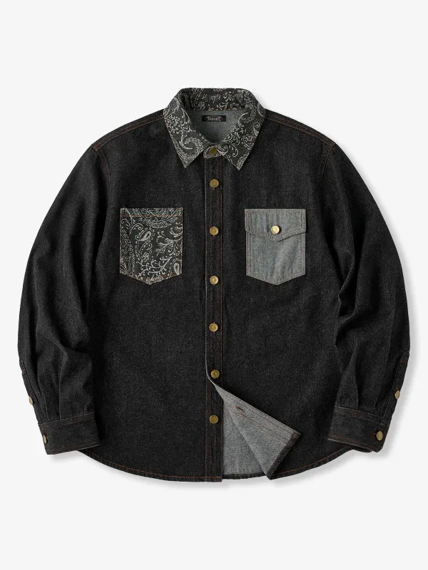 [Pre-Order] Washed Denim Shirt with Paisley Jacquard Details sold by Karaku