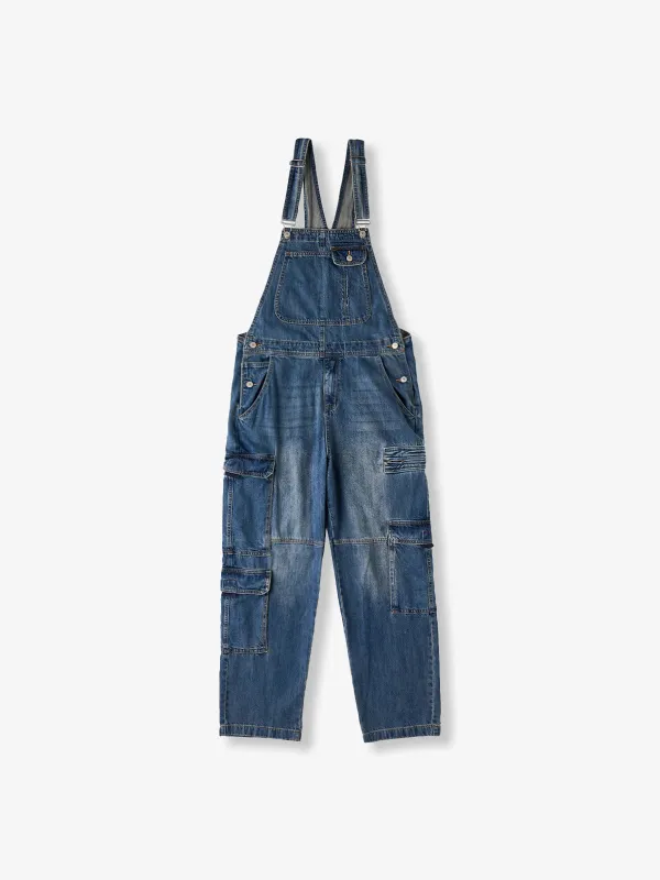Multi-Pocket Washed Denim Overalls sold by Karaku
