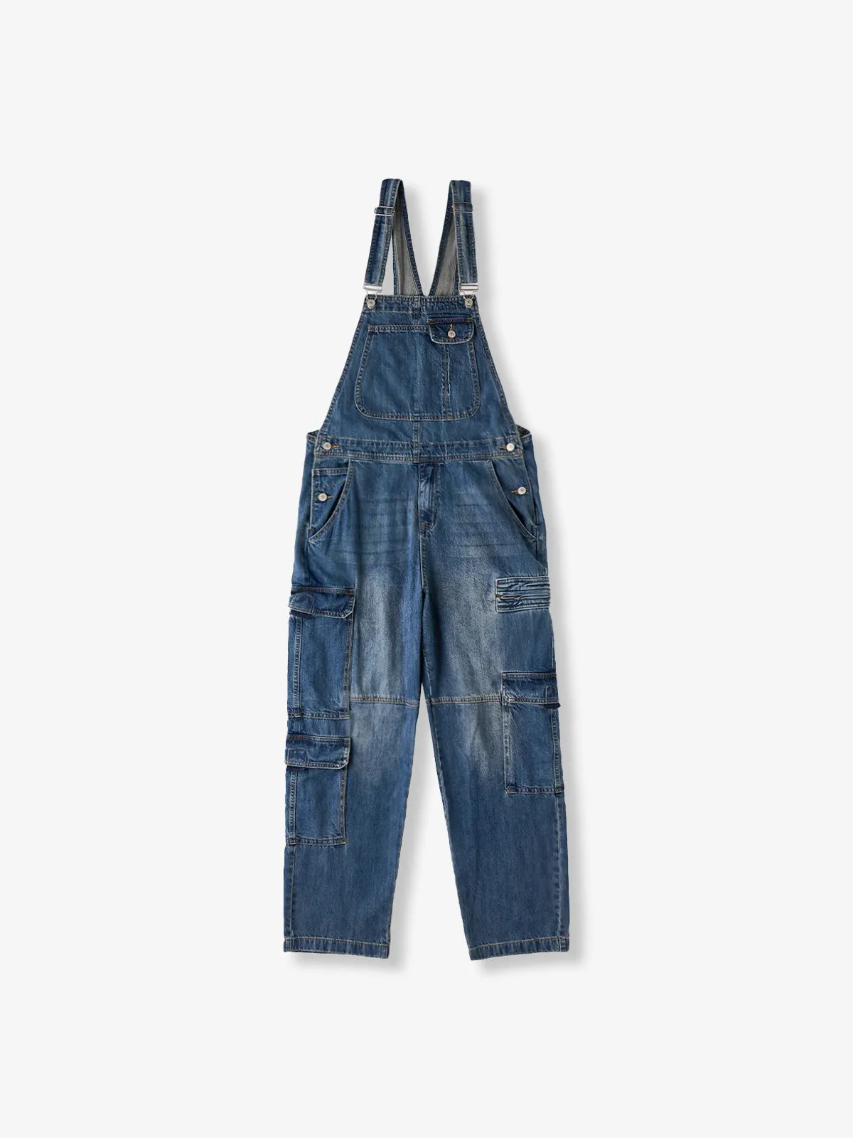 Multi-Pocket Washed Denim Overalls sold by Karaku