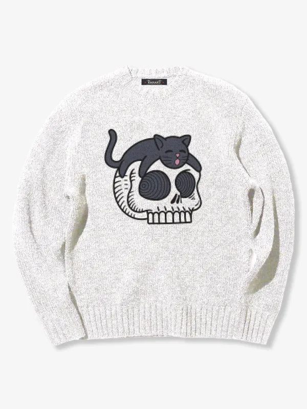 [Pre-Order] “Black Cat on Skull” Pop Art–Style Jacquard Knit Sweater sold by Karaku
