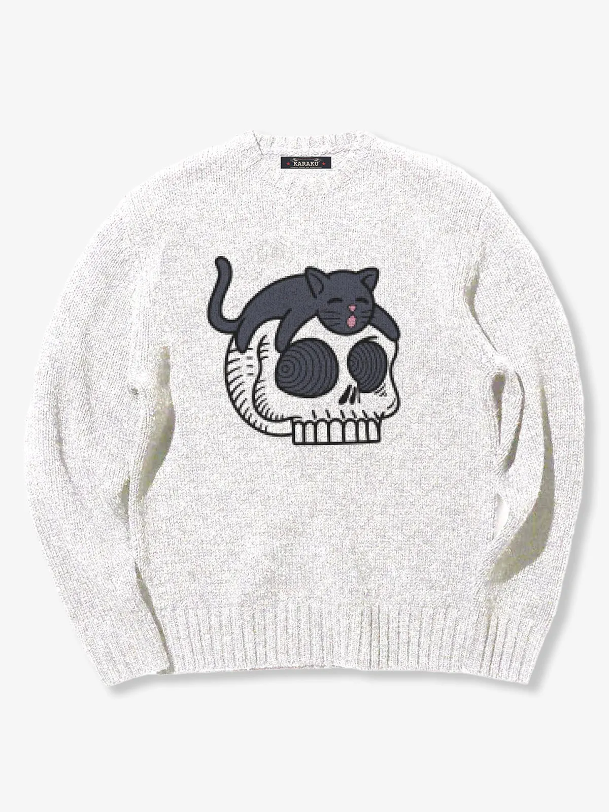 “Black Cat on Skull” Pop Art–Style Jacquard Knit Sweater sold by Karaku