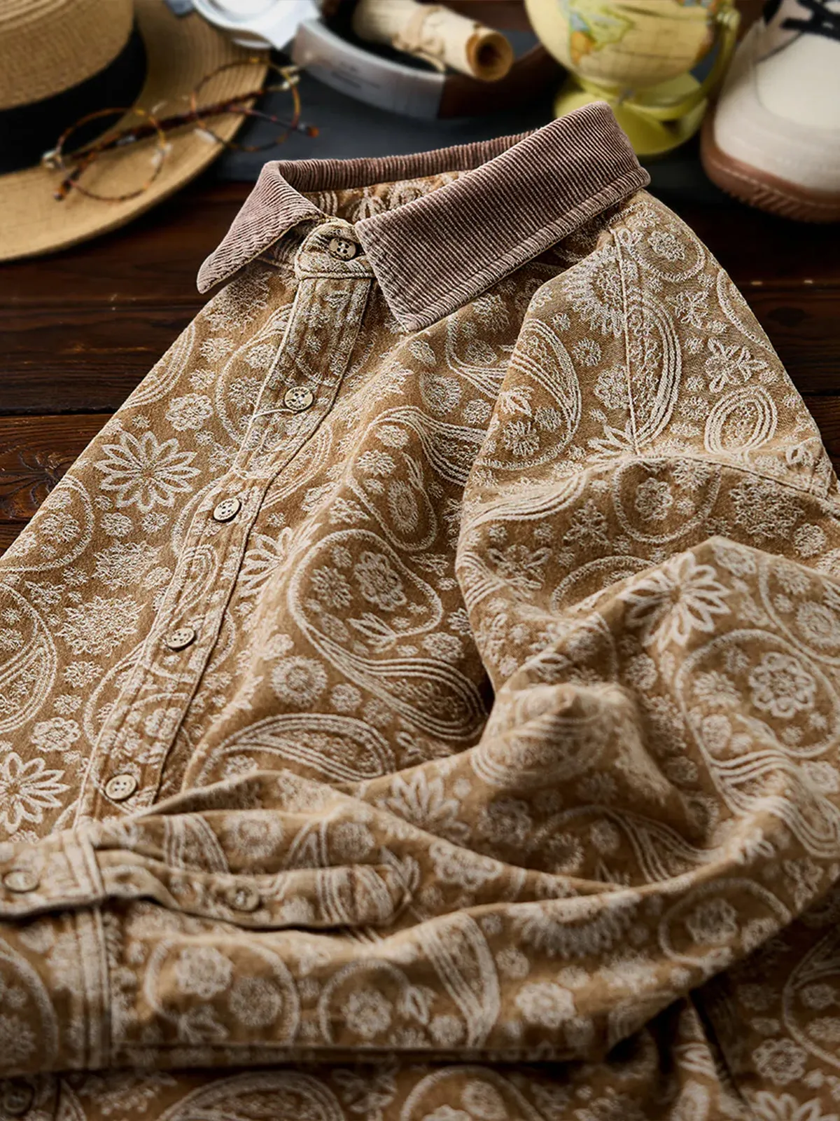 Paisley Jacquard Long-Sleeve Shirt with Corduroy Collar & Cuffs sold by Karaku product image thumbnail 5