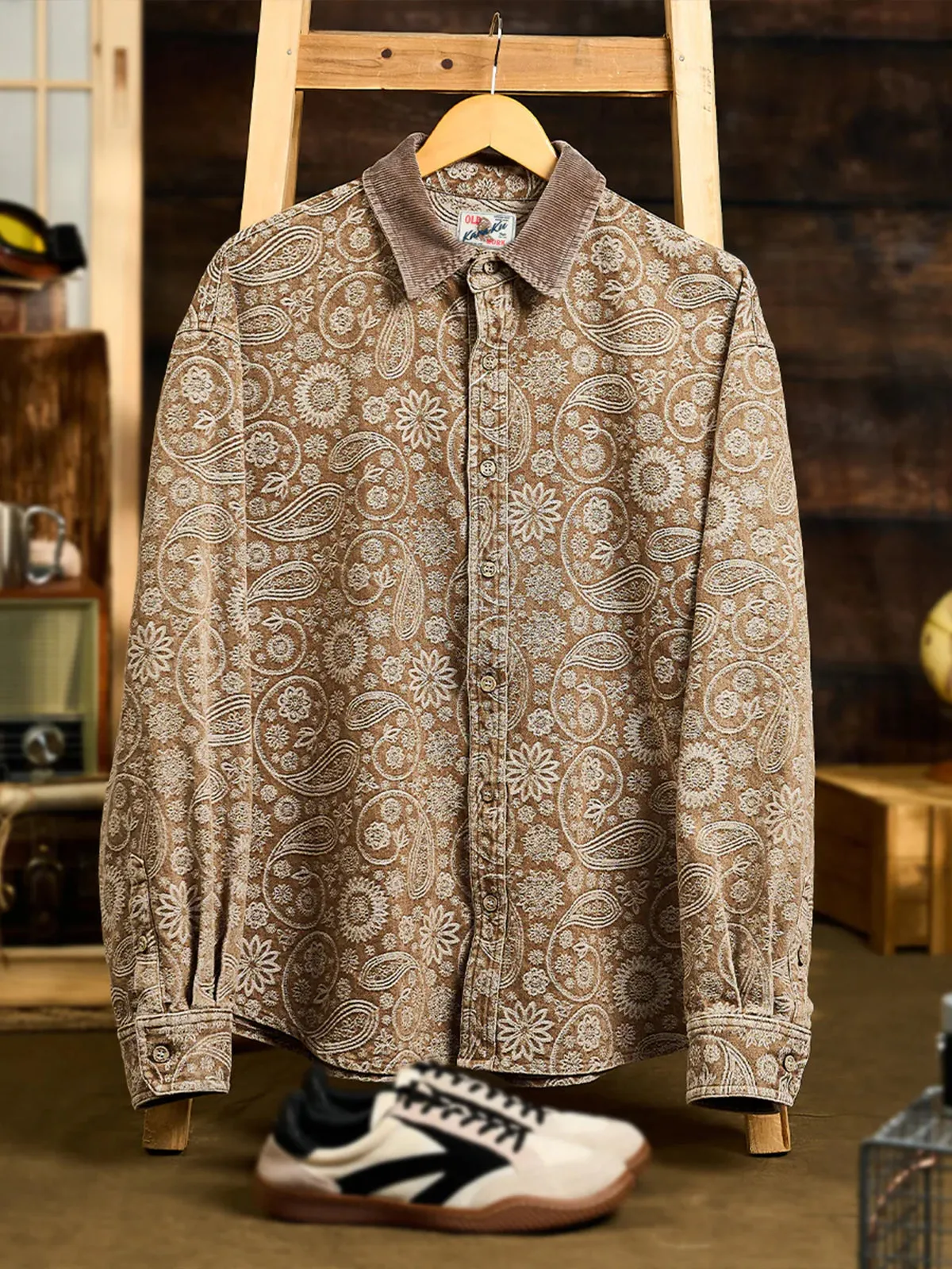 Paisley Jacquard Long-Sleeve Shirt with Corduroy Collar & Cuffs sold by Karaku product image thumbnail 3