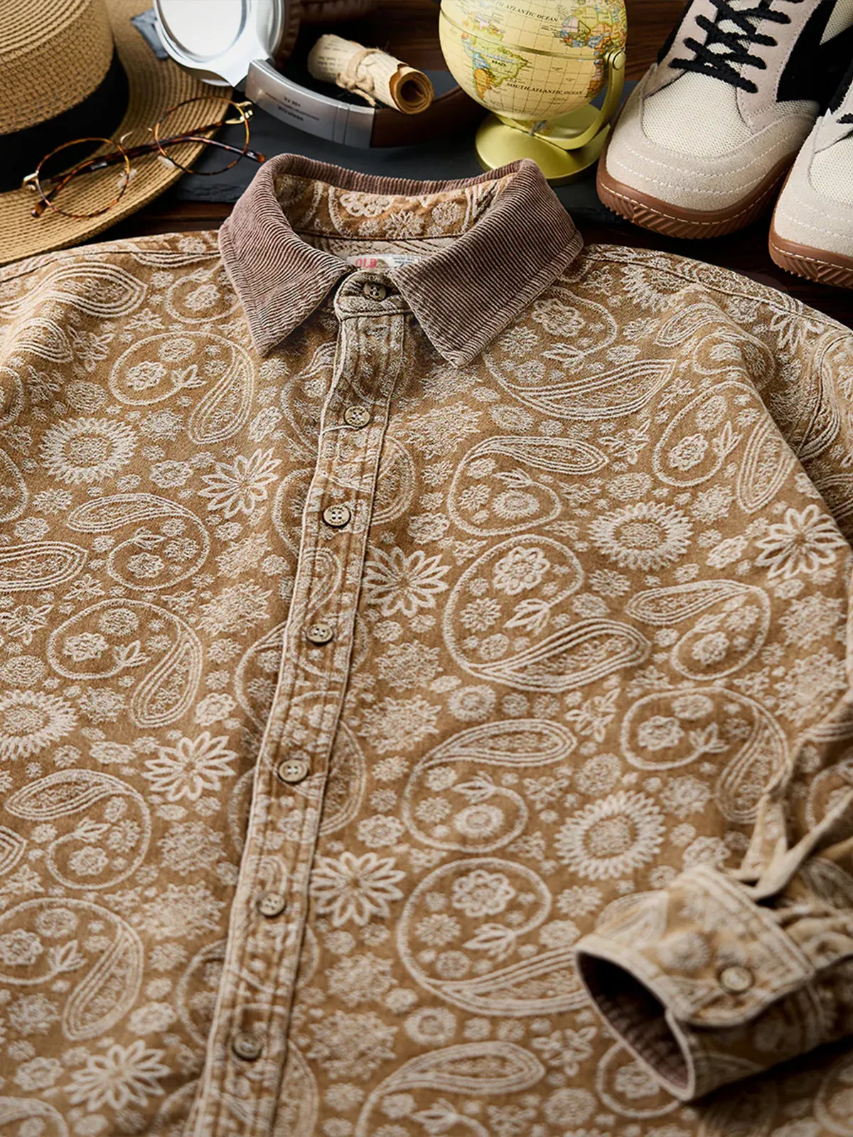 Paisley Jacquard Long-Sleeve Shirt with Corduroy Collar & Cuffs sold by Karaku product image thumbnail 4