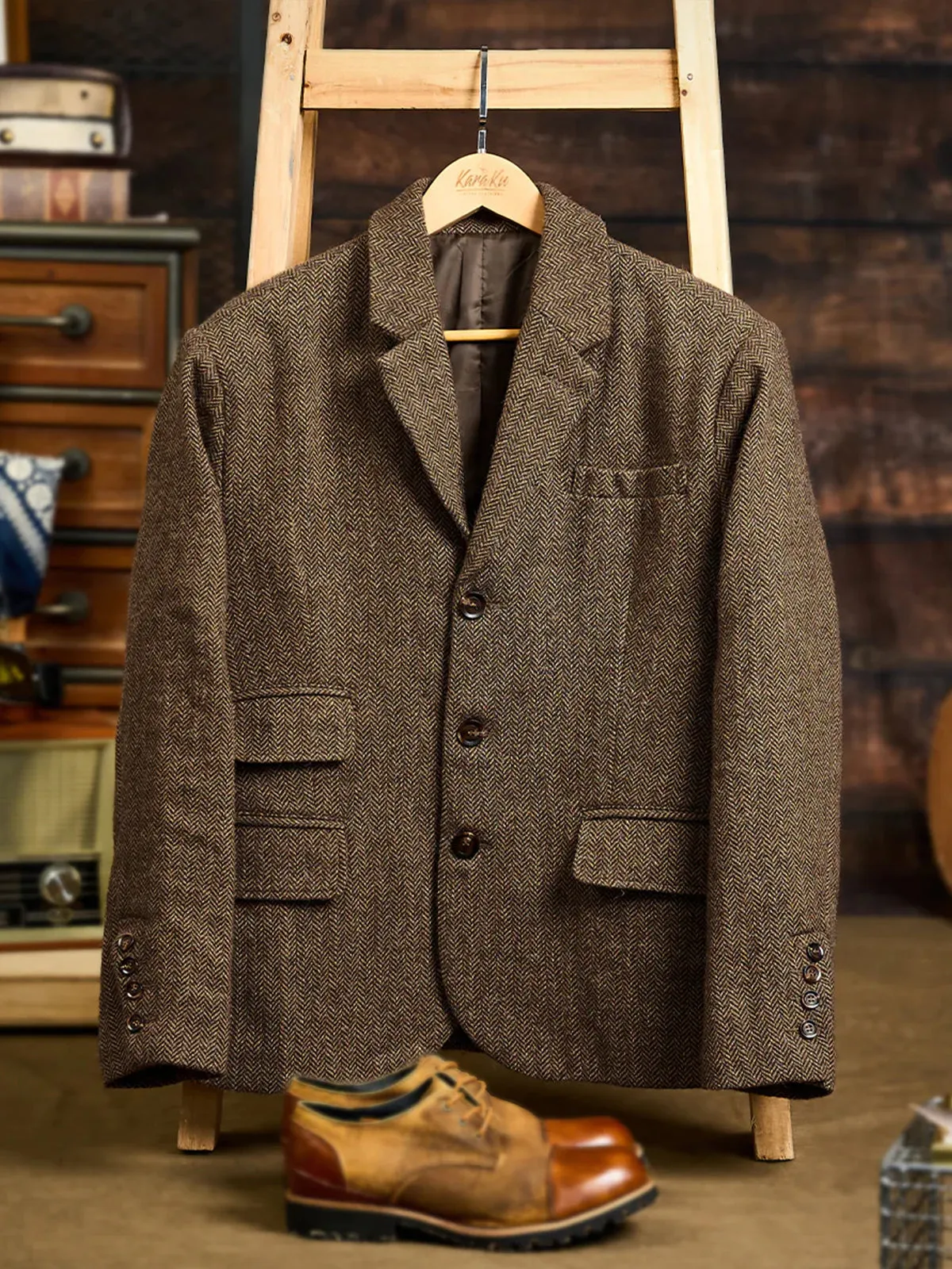 Wool-Blend Herringbone Tweed Tailored Jacket sold by Karaku product image thumbnail 3