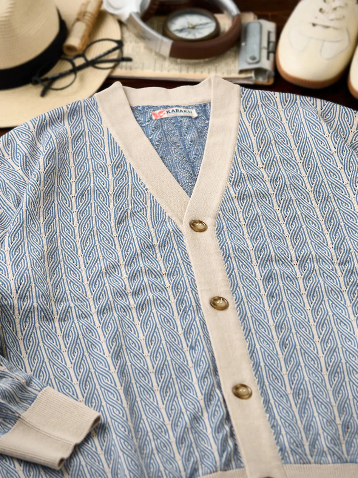 Cable Pattern Jacquard V-Neck Knit Cardigan sold by Karaku product image thumbnail 4