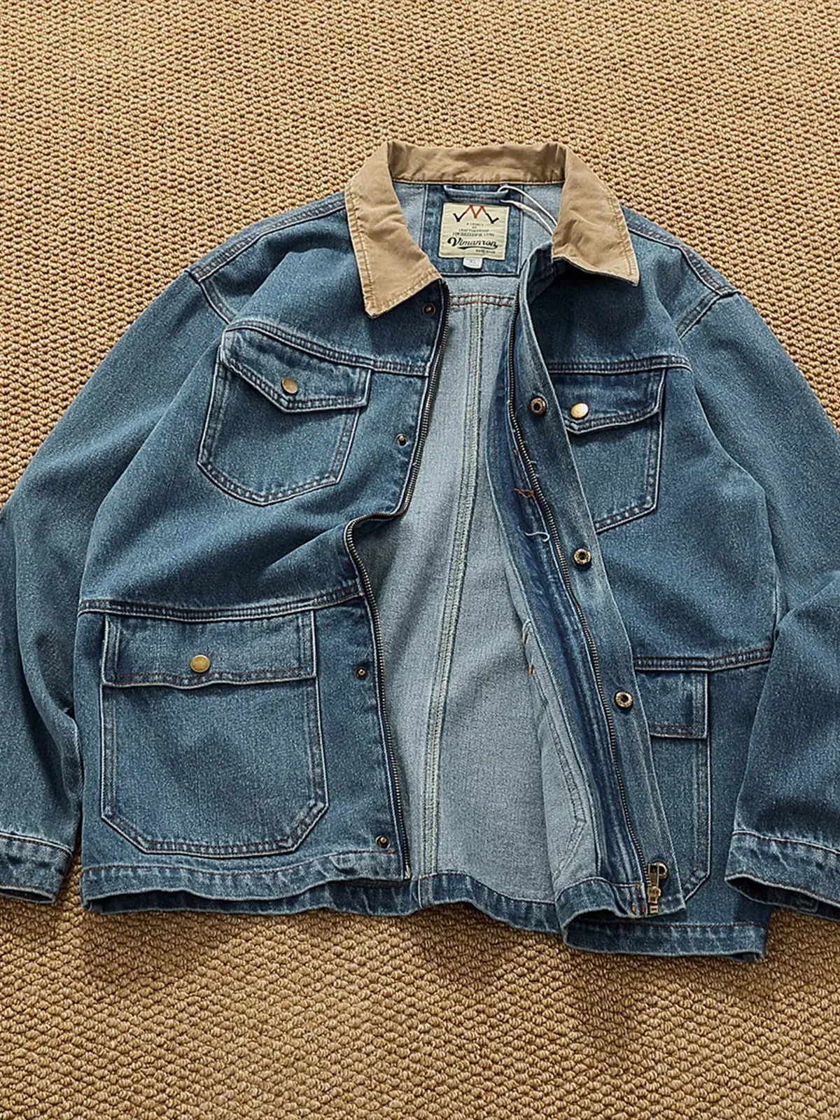 Colorblock Collar Washed Denim Work Jacket sold by Karaku product image thumbnail 3