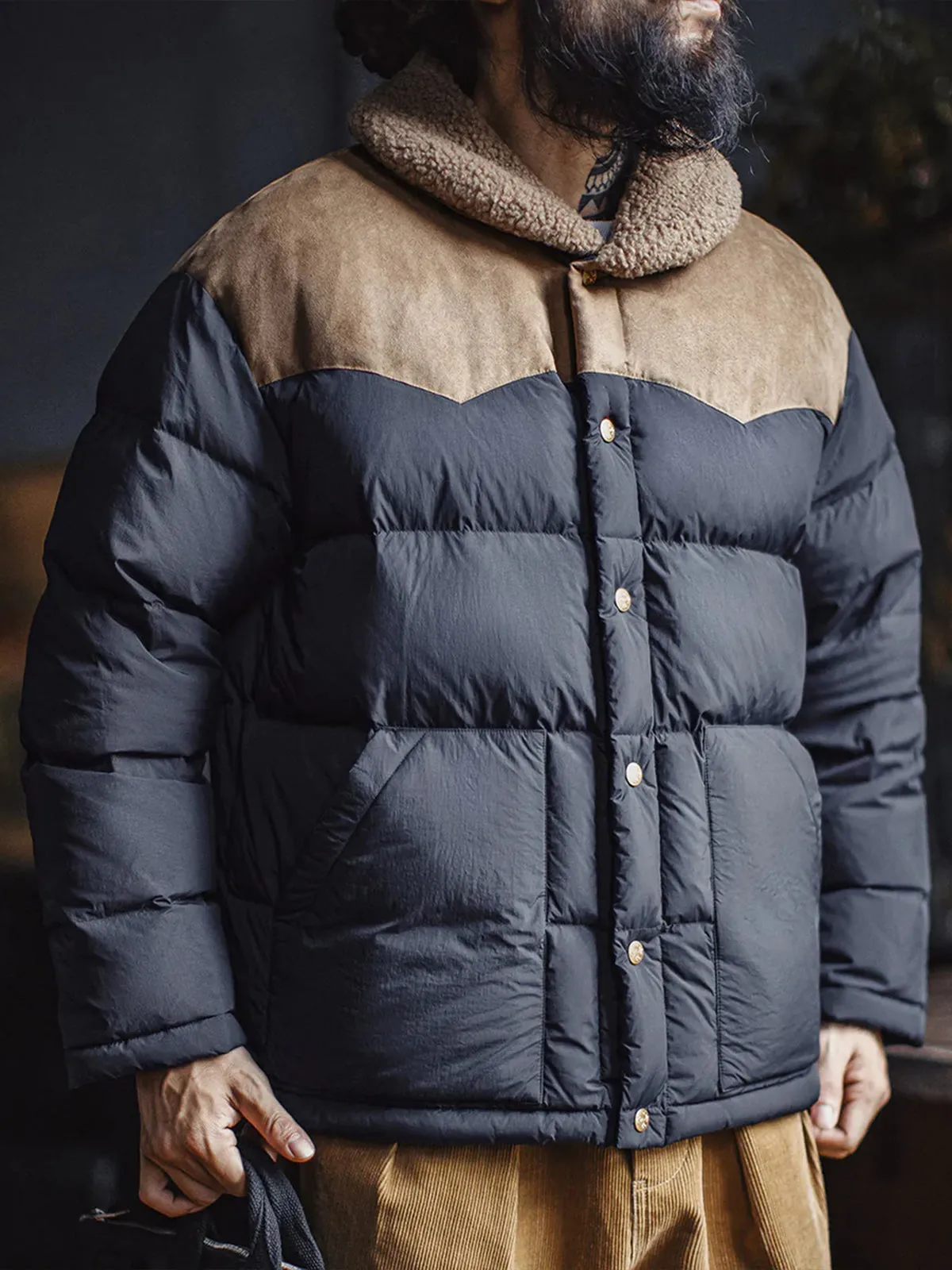 Suede-Panel Collar Fleece & Nylon Down Jacket sold by Karaku product image thumbnail 4