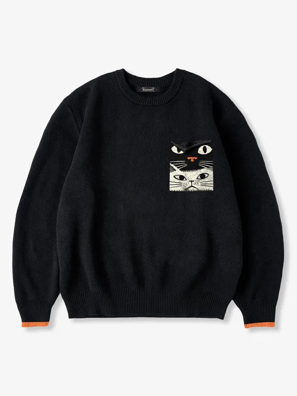 [Pre-order] Jacquard Knit Sweater with Cat Face Pocket and Orange Cuffs sold by Karaku