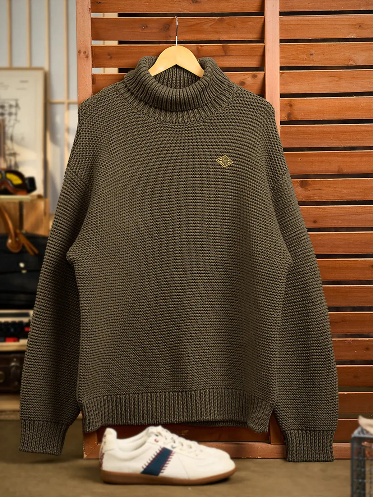 "STAY TRUE" Embroidered Patch Pearl Knit High-Neck Sweater sold by Karaku product image thumbnail 3