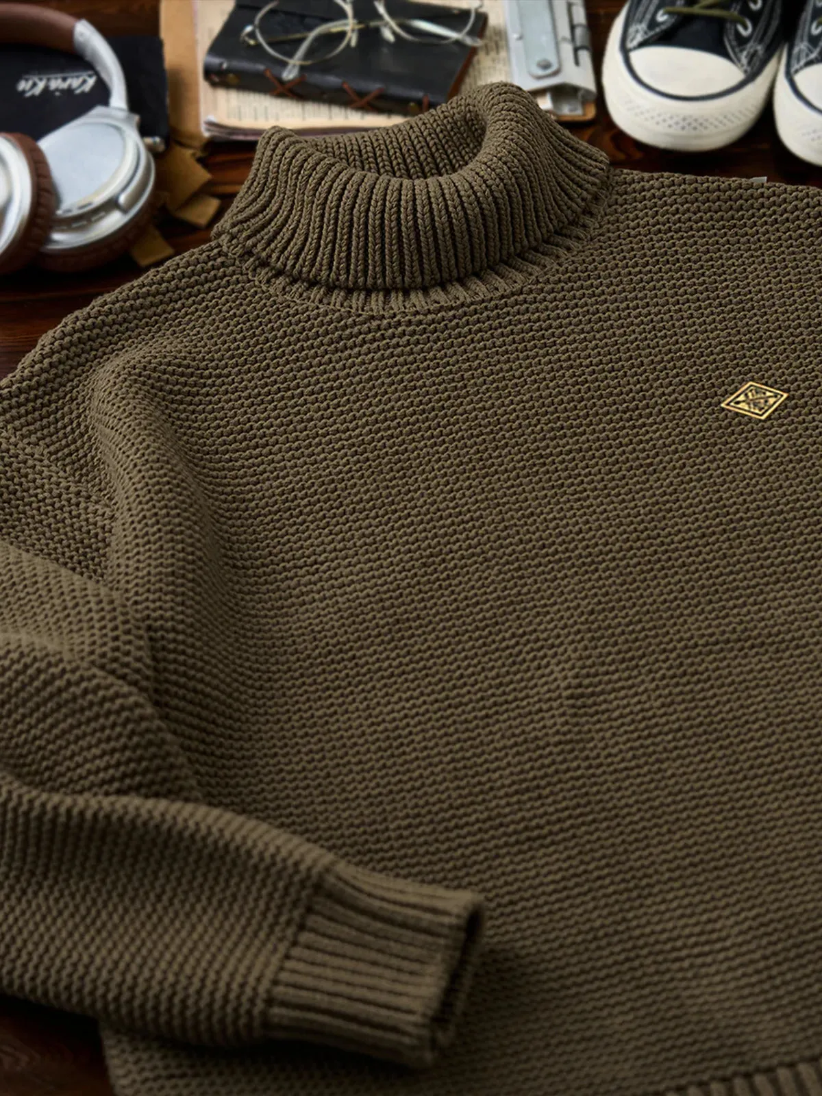 "STAY TRUE" Embroidered Patch Pearl Knit High-Neck Sweater sold by Karaku product image thumbnail 4