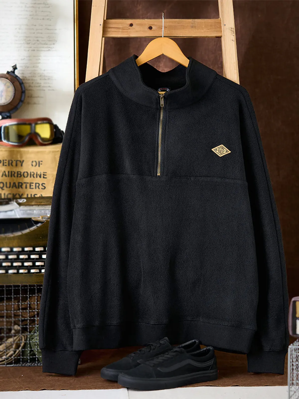 "STAY TRUE" Patch Half-Zip High-Neck Fleece Sweatshirt sold by Karaku product image thumbnail 5