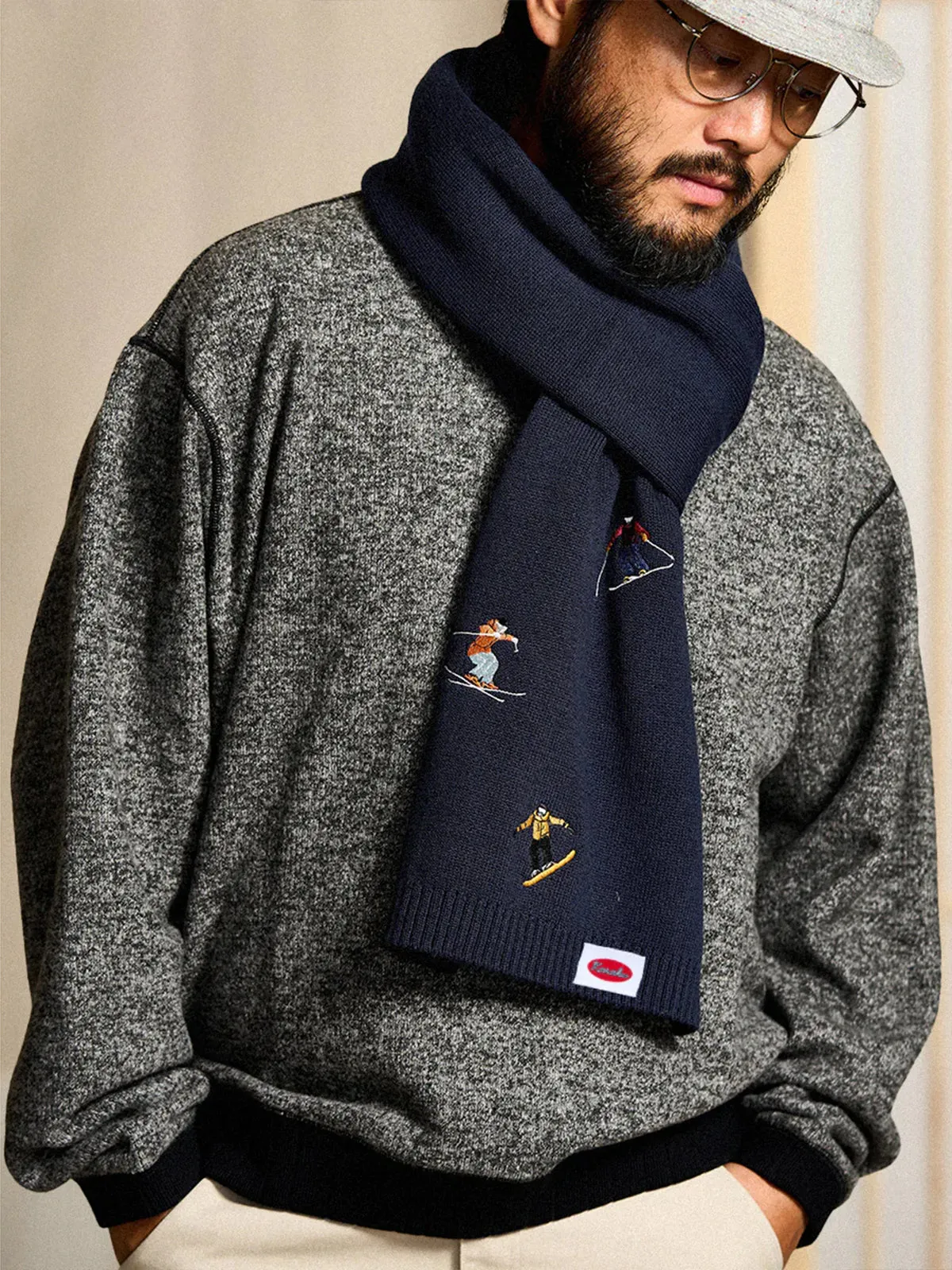 “Snowy Mountain Skier” Embroidered Navy Knit Scarf sold by Karaku product image thumbnail 5