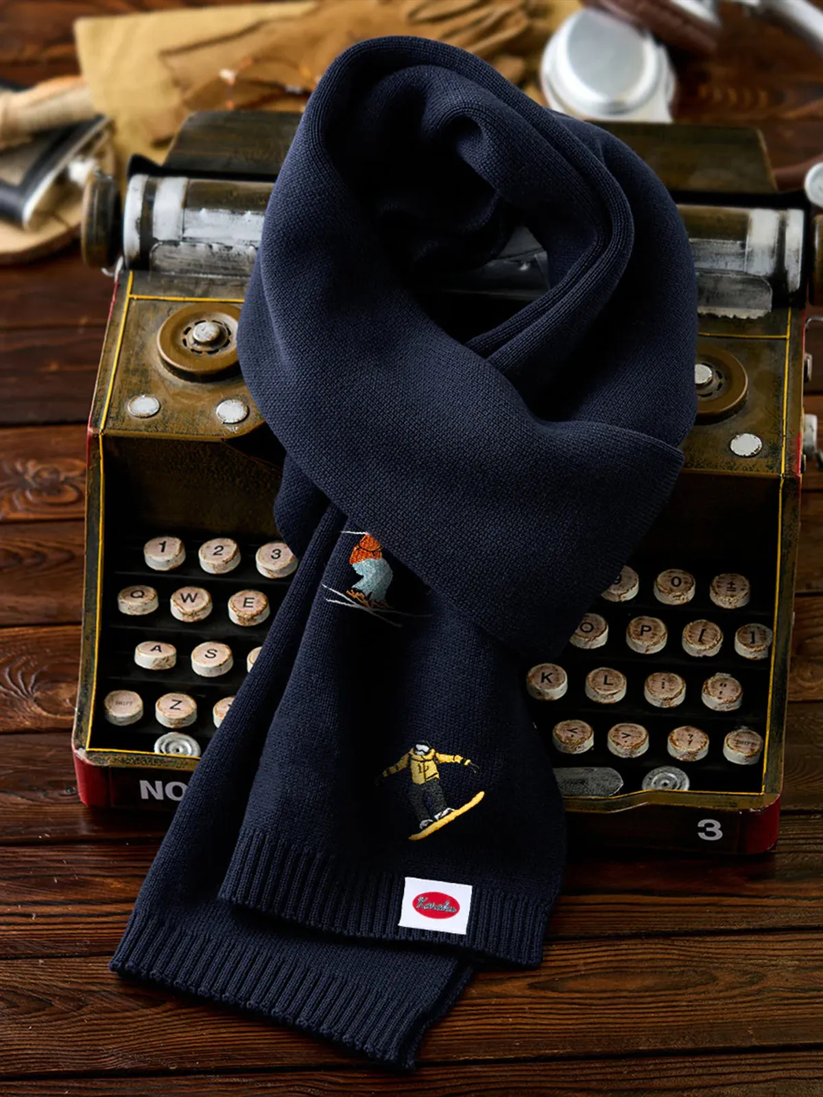 “Snowy Mountain Skier” Embroidered Navy Knit Scarf sold by Karaku product image thumbnail 3