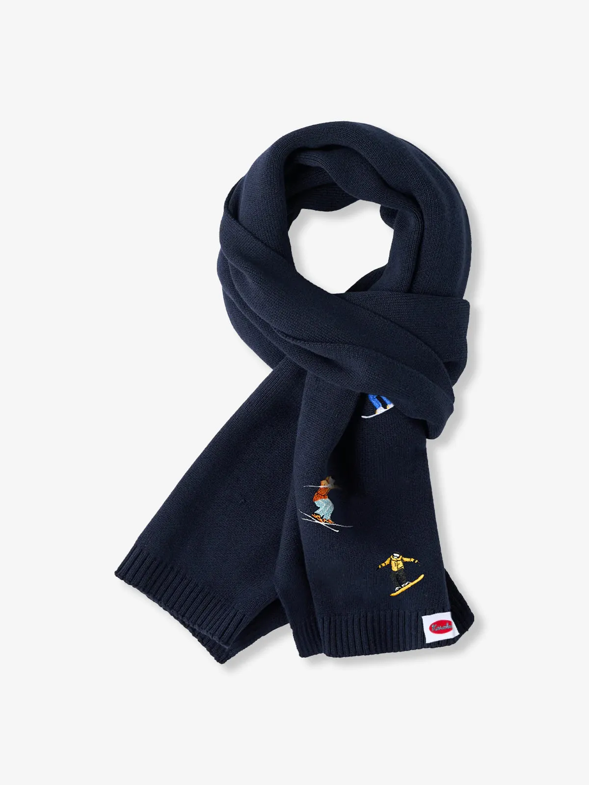 “Snowy Mountain Skier” Embroidered Navy Knit Scarf sold by Karaku product image thumbnail 2