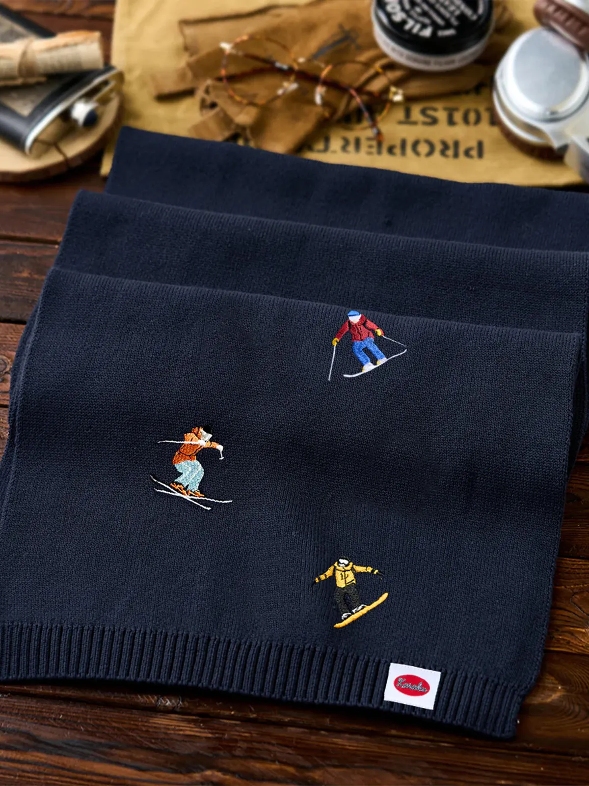 “Snowy Mountain Skier” Embroidered Navy Knit Scarf sold by Karaku product image thumbnail 4