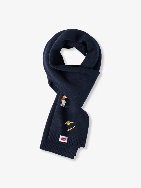 “Snowy Mountain Skier” Embroidered Navy Knit Scarf sold by Karaku