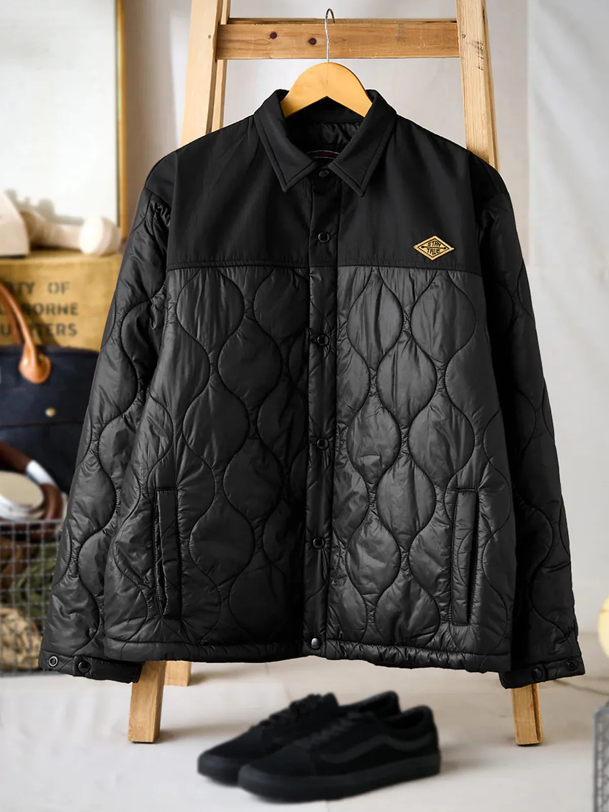 “STAY TRUE” Quilted Coach Jacket with Embroidered Patch sold by Karaku product image thumbnail 3