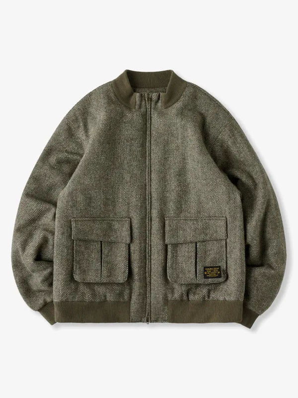 [Pre-order] Wool-Blend Herringbone Tweed Stand Collar Jacket sold by Karaku