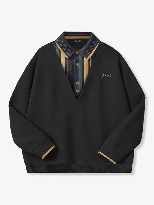 Faux-Layered V-Neck Sweatshirt with Multi-Stripe Shirt Detail made by Karaku