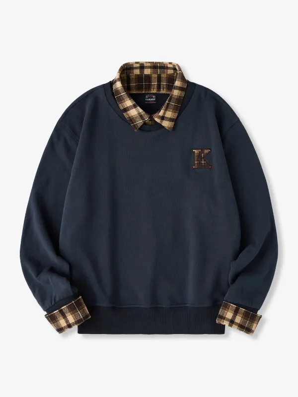 "K" Embroidered Patch Faux-Layered Check Sweatshirt sold by Karaku