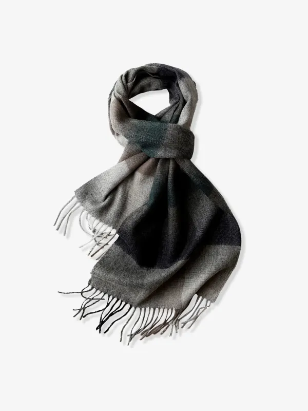 Fringed Scarf in Gradient Check Cashmere-Wool Blend sold by Karaku