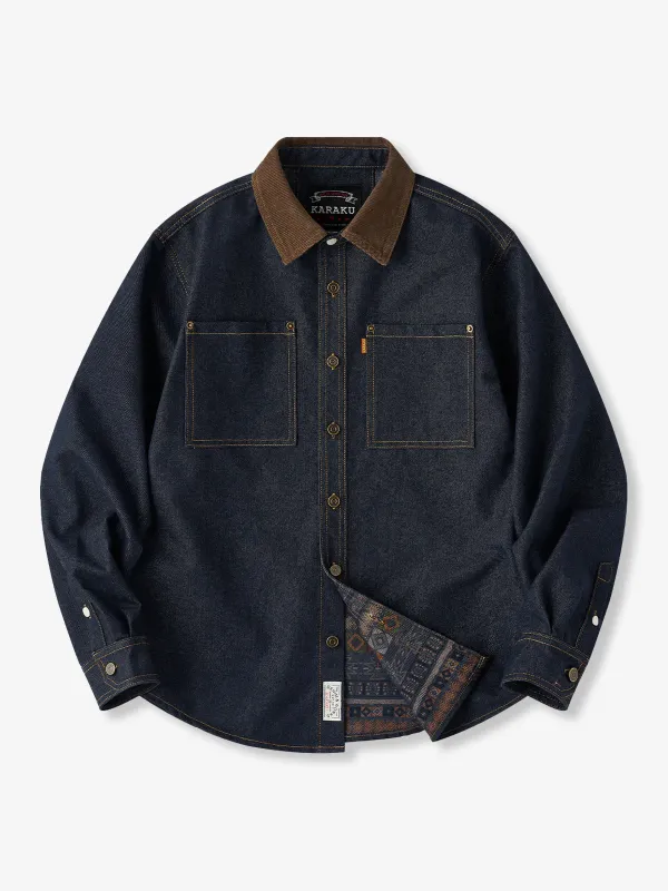 Corduroy Collar Denim Work Shirt with Ethnic Pattern Lining sold by Karaku