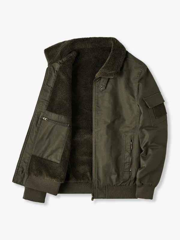 Fleece-Lined Cotton Aviator Jacket with Sleeve Velcro sold by Karaku