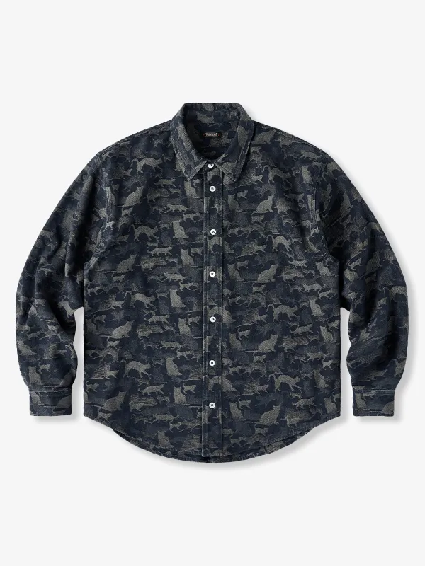 Washed Jacquard Denim Shirt with Cat Silhouette sold by Karaku