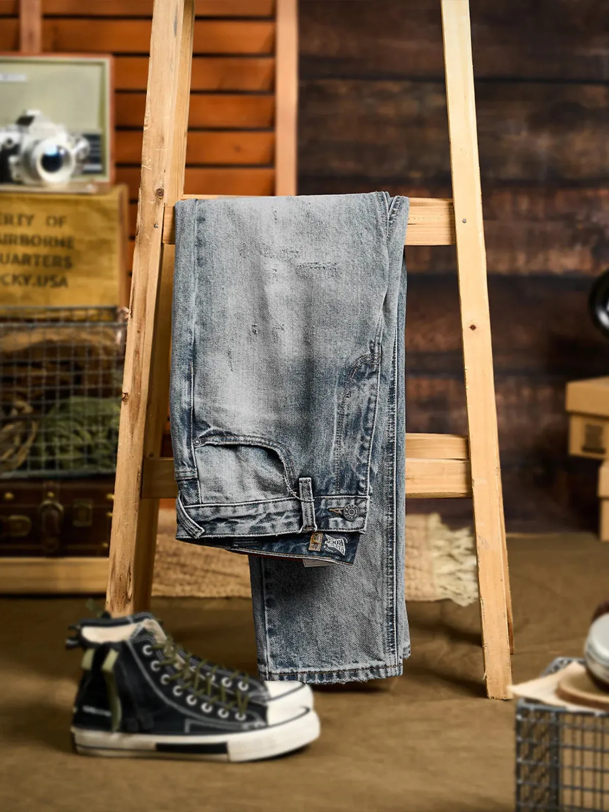 Washed & Distressed Straight Denim Pants sold by Karaku product image thumbnail 3