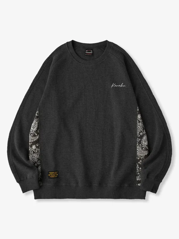 Jacquard Paisley Panel “KaraKu” Embroidered Mini Waffle Sweatshirt made by Karaku
