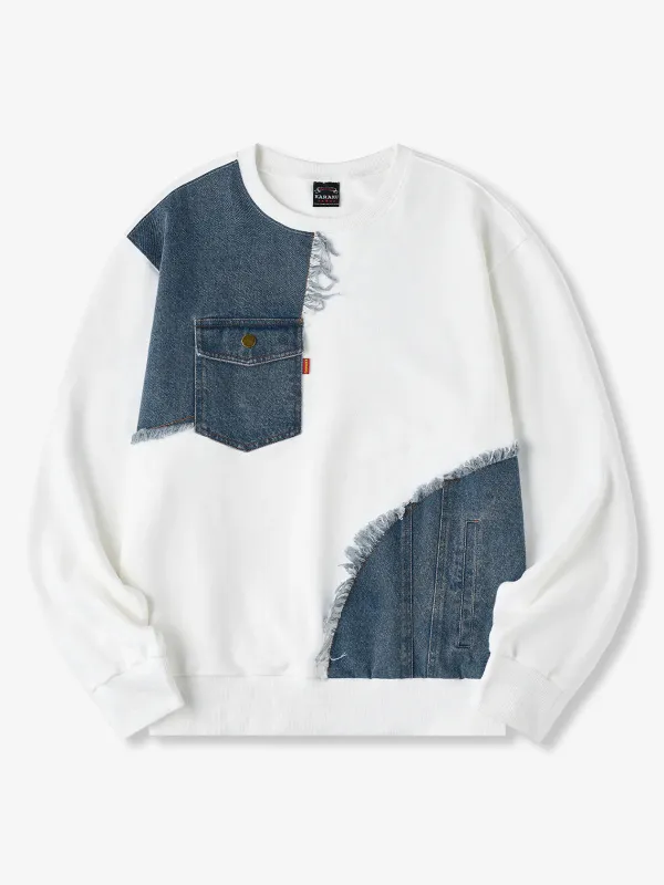 Reconstructed Fringed Denim-Panel Crewneck Sweatshirt made by Karaku