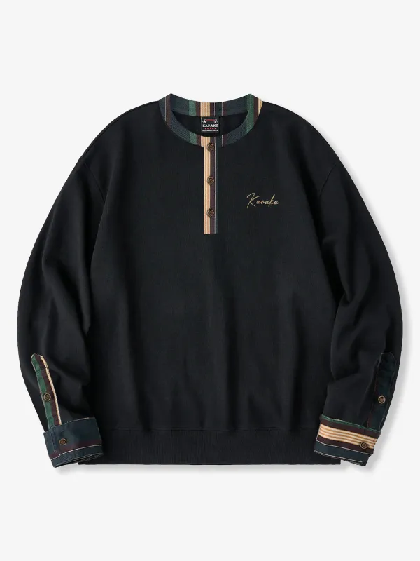 [Pre-order] Multi-Stripe Panel 3-Button Henley Neck Sweatshirt sold by Karaku