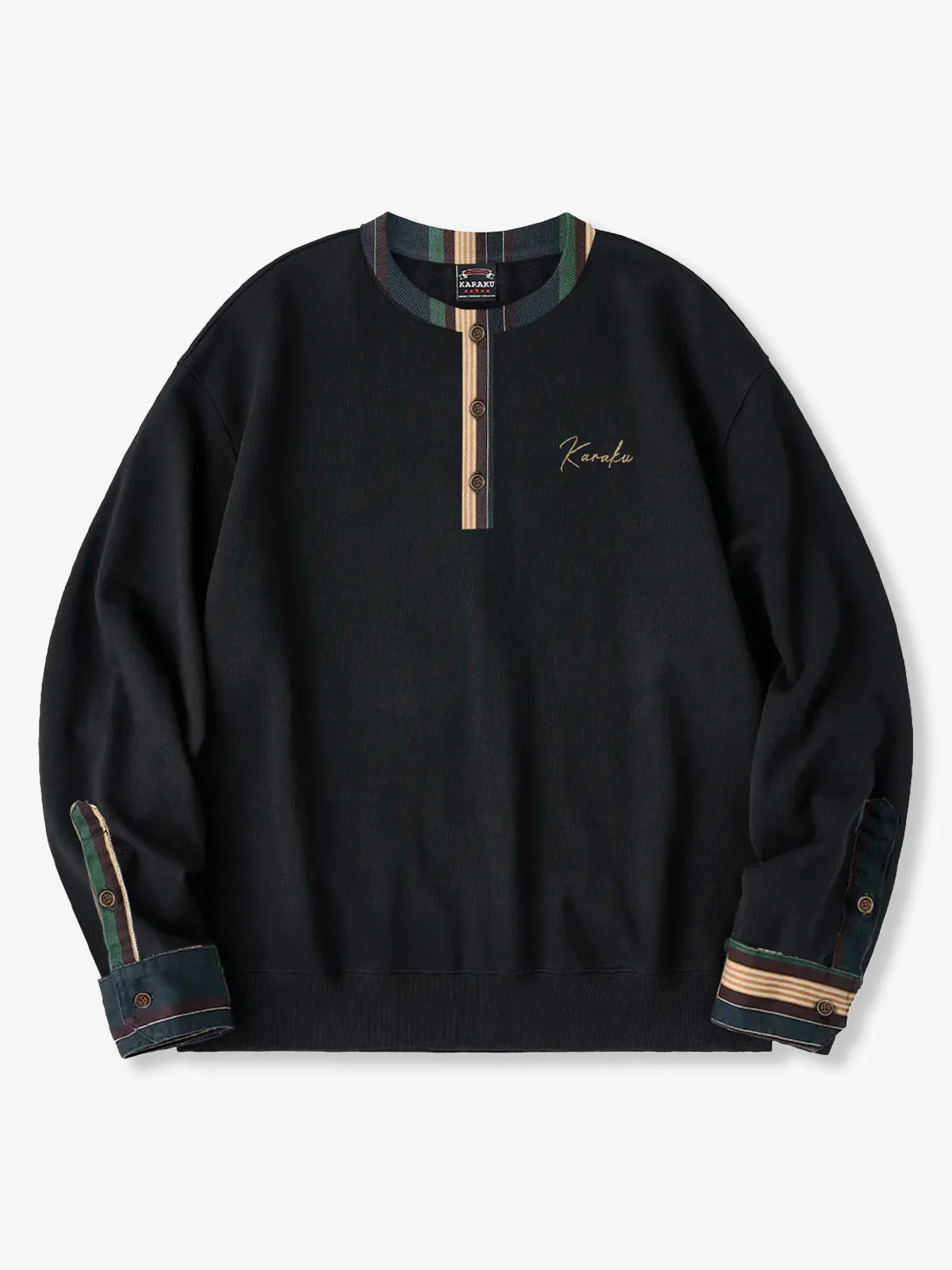 Multi-Stripe Panel 3-Button Henley Neck Sweatshirt sold by Karaku