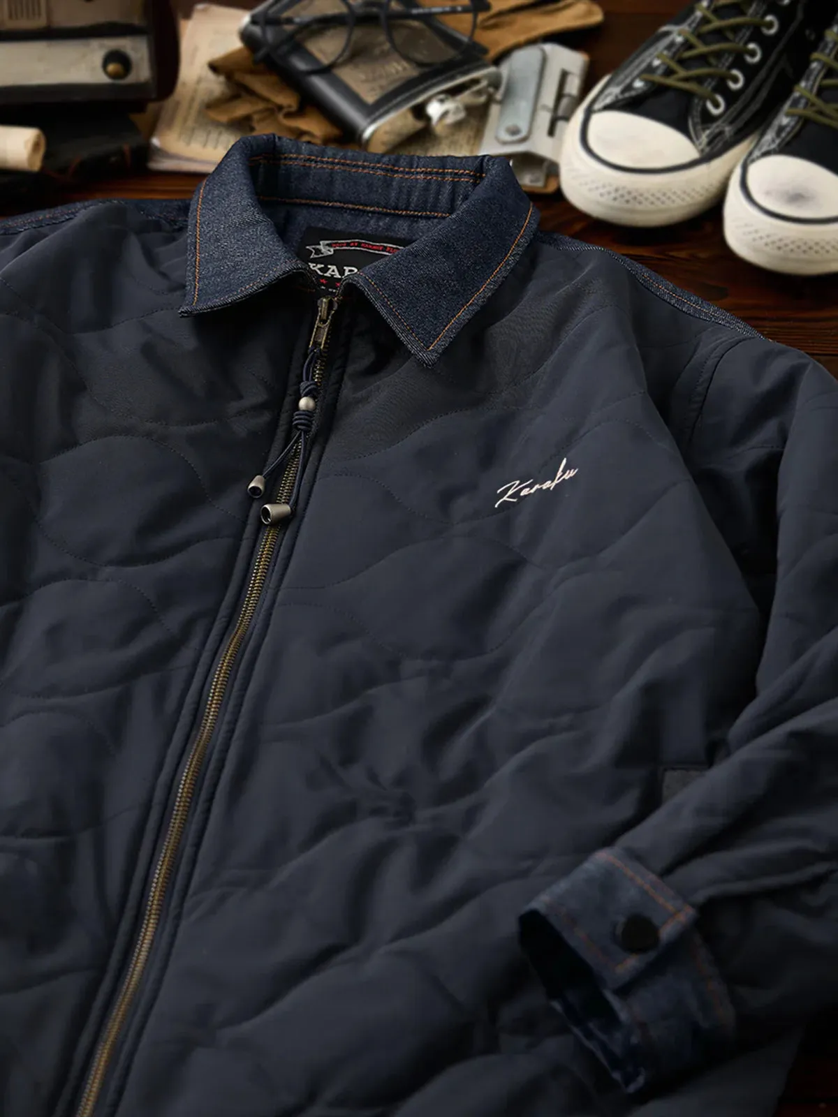 Quilted Padded Jacket with ‘KaraKu’ Embroidered Logo and Denim Panels sold by Karaku product image thumbnail 5