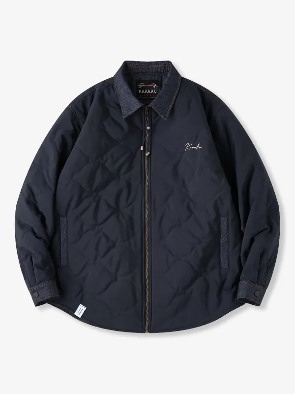 Quilted Padded Jacket with ‘KaraKu’ Embroidered Logo and Denim Panels sold by Karaku