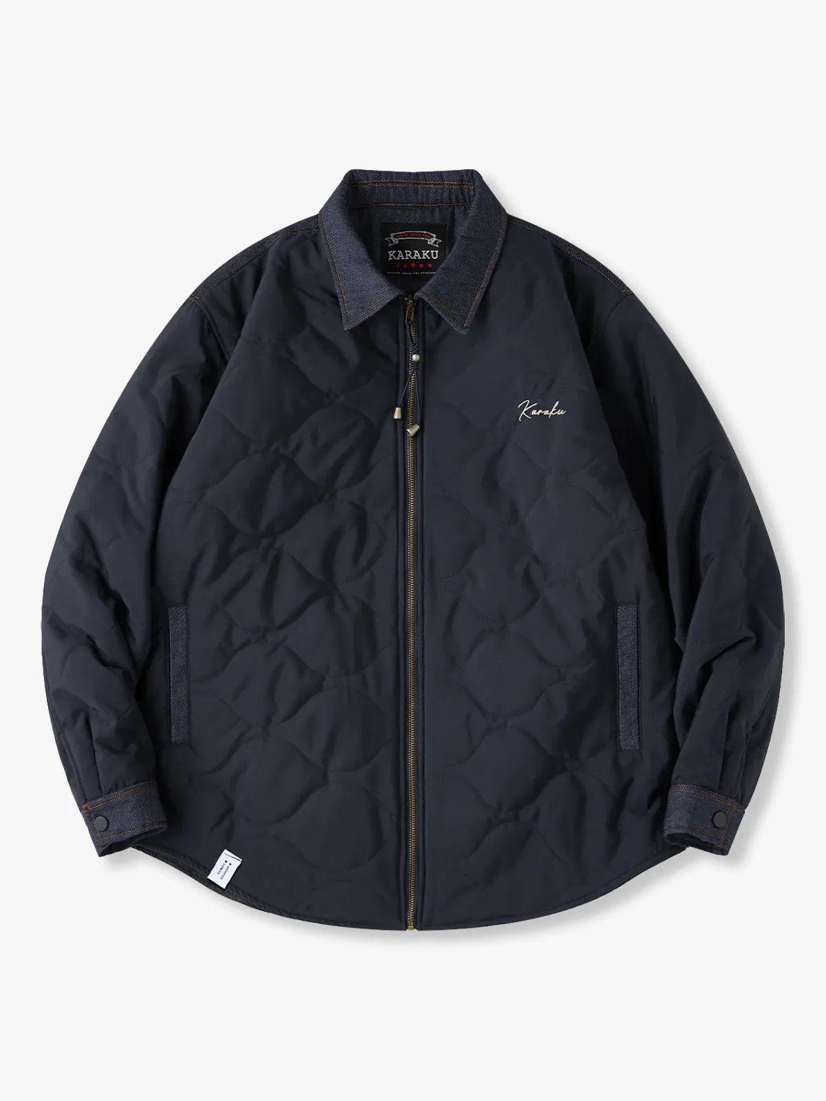 Quilted Padded Jacket with ‘KaraKu’ Embroidered Logo and Denim Panels sold by Karaku