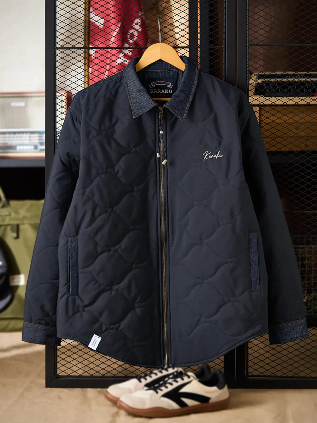 Quilted Padded Jacket with ‘KaraKu’ Embroidered Logo and Denim Panels sold by Karaku product image thumbnail 4