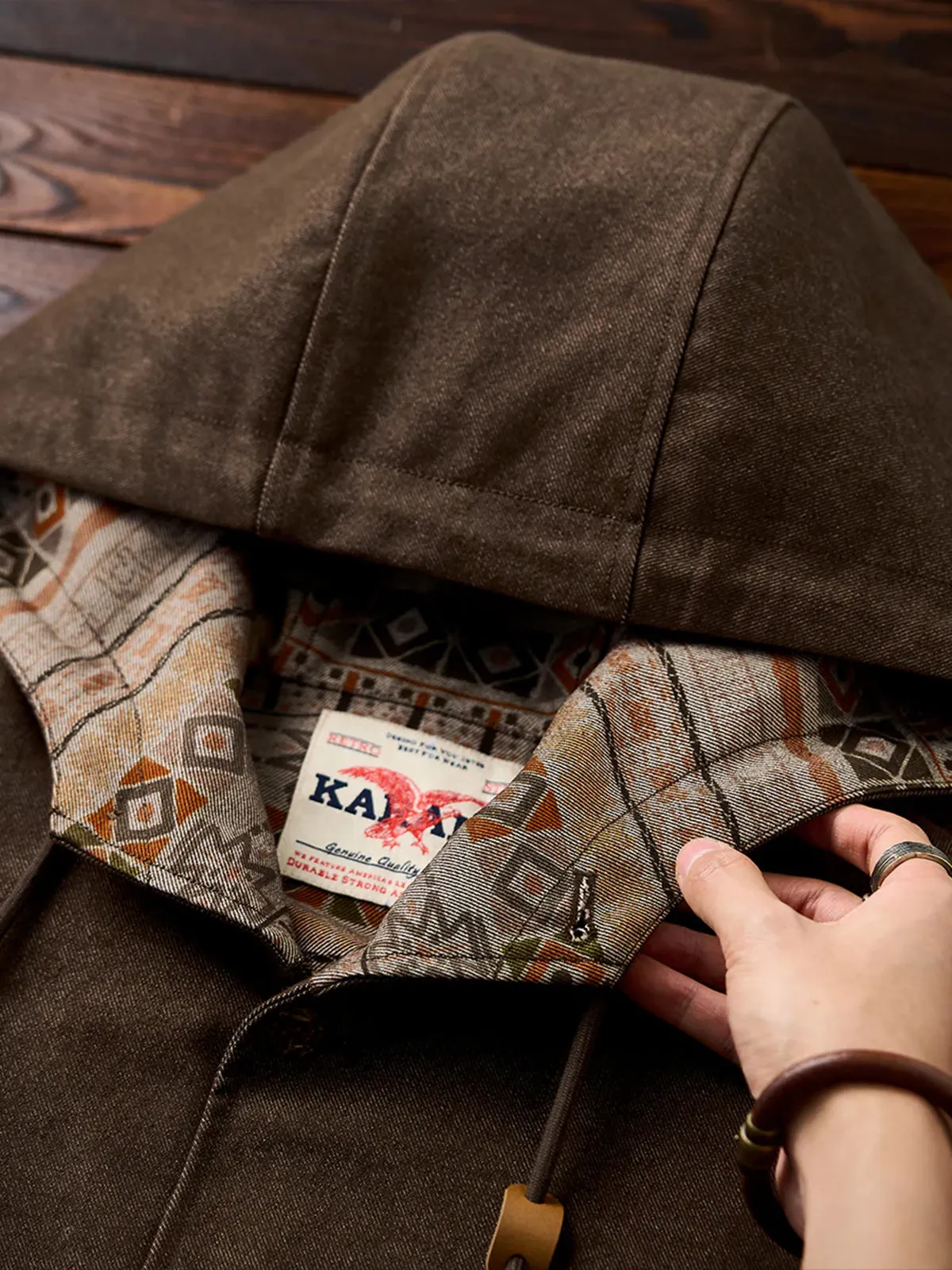 Denim Hooded Jacket with ‘Karaku’ Embroidered Logo and Ethnic-Pattern Lining sold by Karaku product image thumbnail 5