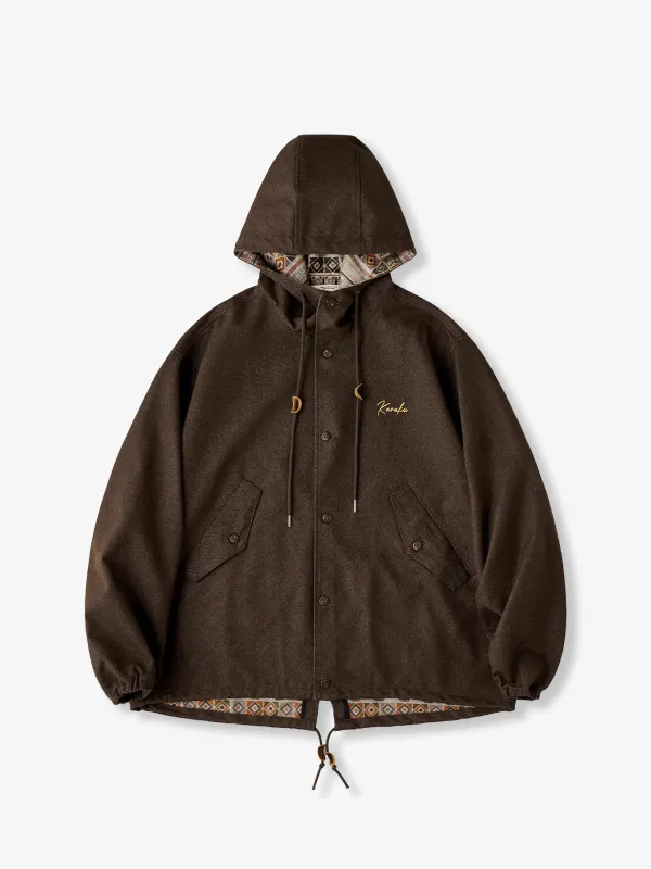 Denim Hooded Jacket with ‘Karaku’ Embroidered Logo and Ethnic-Pattern Lining sold by Karaku