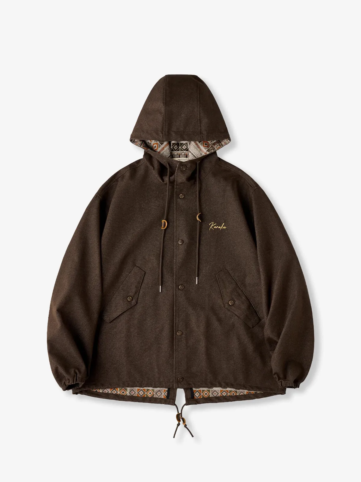 Denim Hooded Jacket with ‘Karaku’ Embroidered Logo and Ethnic-Pattern Lining sold by Karaku