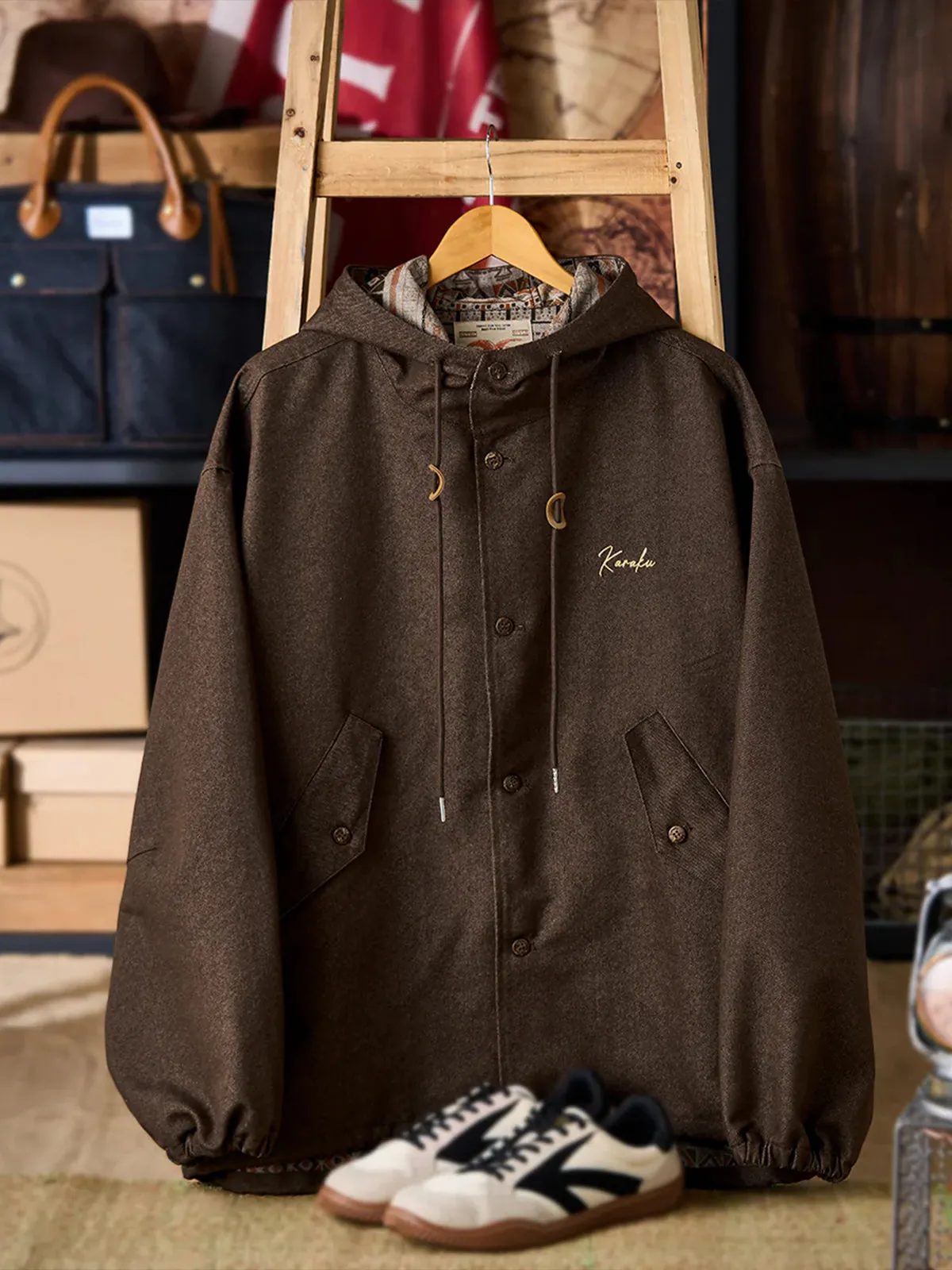 Denim Hooded Jacket with ‘Karaku’ Embroidered Logo and Ethnic-Pattern Lining sold by Karaku product image thumbnail 4