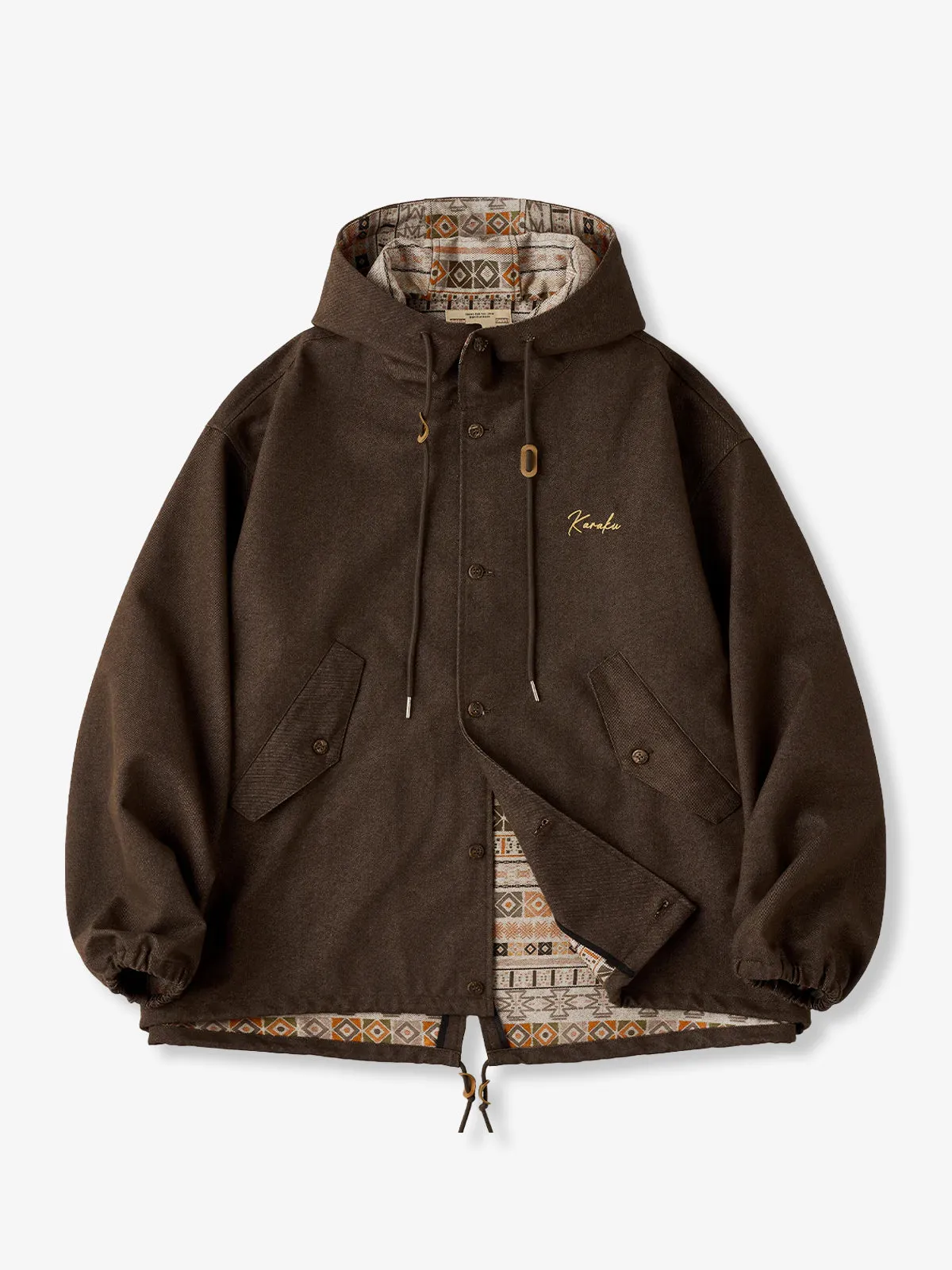 Denim Hooded Jacket with ‘Karaku’ Embroidered Logo and Ethnic-Pattern Lining sold by Karaku product image thumbnail 2