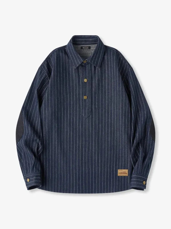 Striped Denim Pullover Shirt with Elbow Patches and Half Buttons sold by Karaku