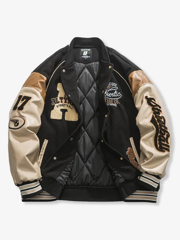 Colorblock Quilted Varsity Jacket with Mixed Fabrics & Embroidery made by Karaku