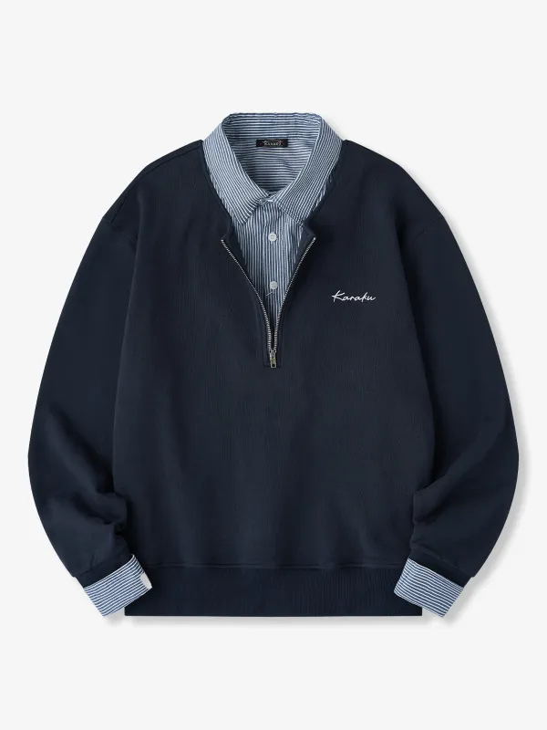 Faux-Layered Stripe Shirt & Half-Zip Pullover Sweatshirt made by Karaku