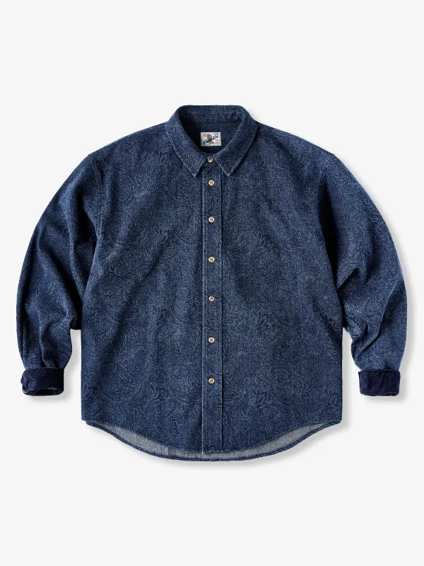 [Pre-Order] Washed Denim Shirt with Jacquard Paisley All-Over Pattern and Corduroy-Lined Sleeves sold by Karaku