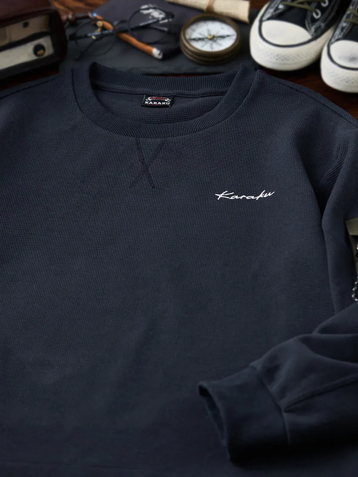 Karaku Embroidered Waffle Mountain Sweatshirt with Contrasting Hem sold by Karaku product image thumbnail 4